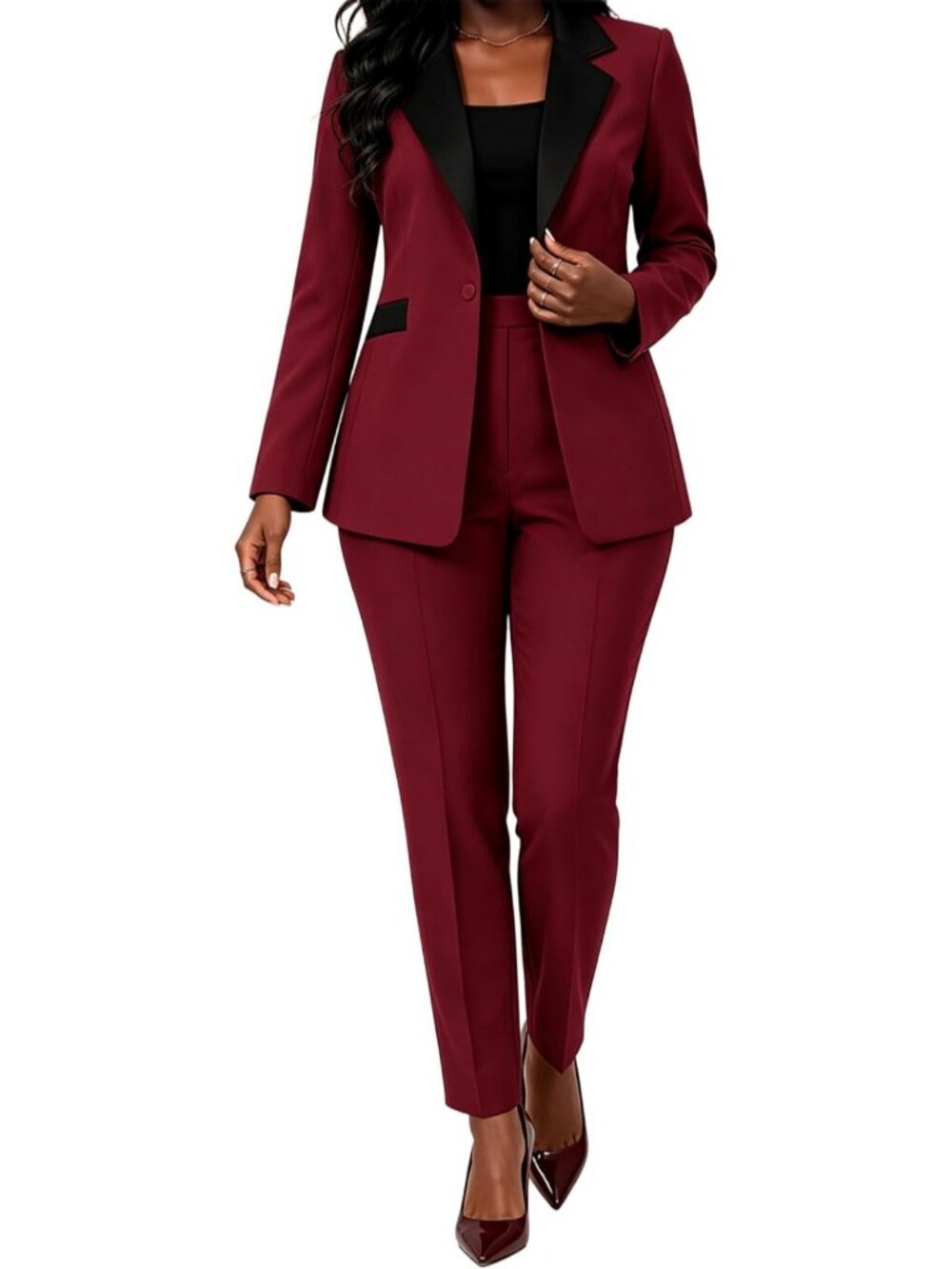 Chic Women's Blazer & High Waisted Straight Leg Pants Set - Dressy Casual Outfit - Picture 6 of 7